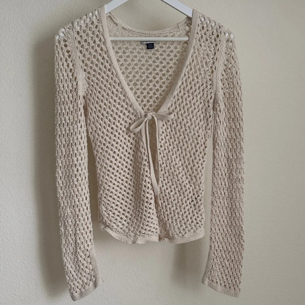 American Eagle Outfitters Open-Knit Tie-Front Cardigan in Beige S - Picture 1 of 8